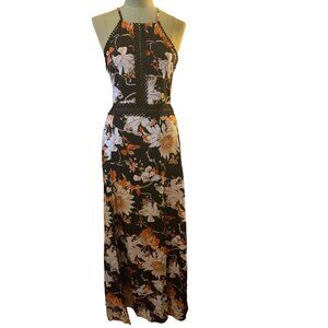 Alunalevi Women's Maxi Dress Black FloraL Halter Top Size Med NWT